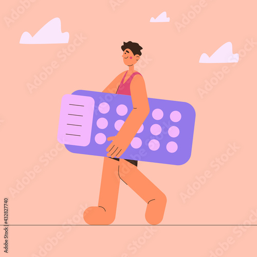 Vector illustration in a flat style. A man with an inflatable mattress is resting at the sea. Cheerful young guy on vacation on the beach.