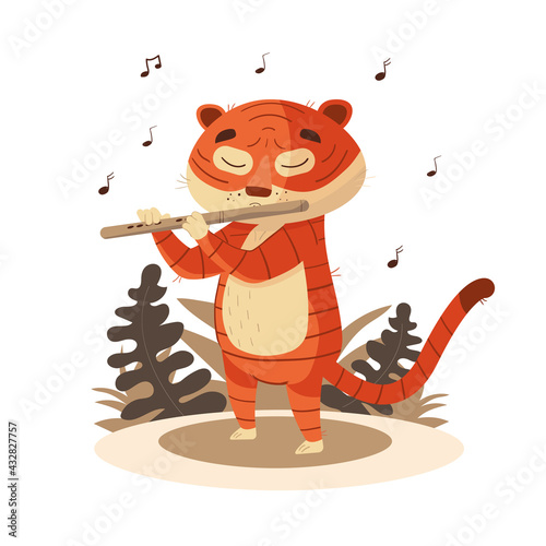 Vector illustration with cute animal playing musical instrument. Cartoon happy tiger playing the flute. Music and mascots for kids concept.
