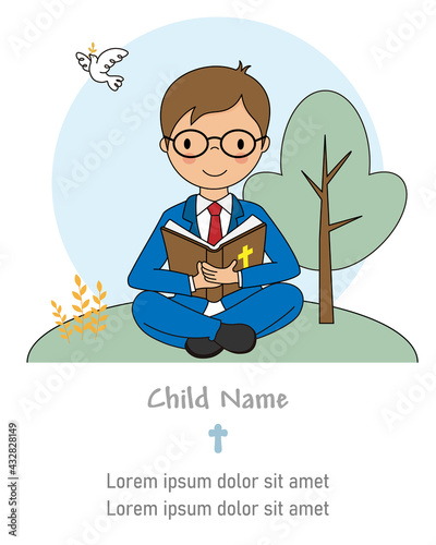 My first communion card. Boy reading the bible
