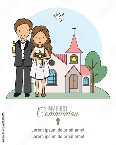 My first communion card. Girl and boy with candles in front of the church
