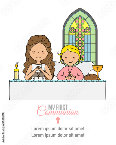 My first communion card. Girl and angel praying in church