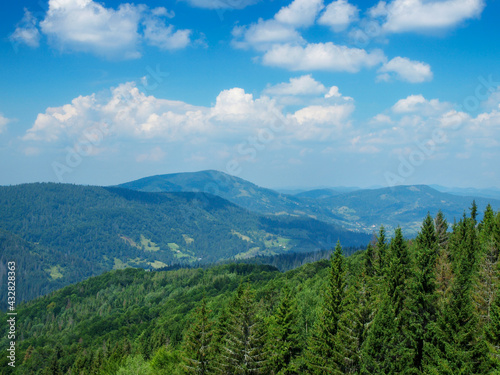 Wonderful view from the Vysoky Verkh Mountain. Tourist complex Zakhar Berkut, Carpathians, Ukraine