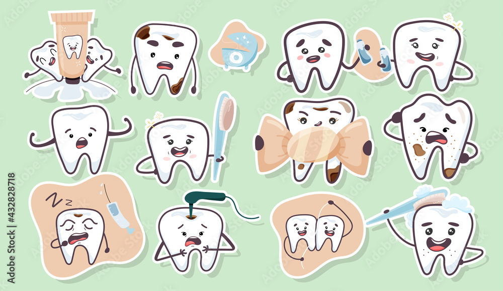 Big set with funny teeth in a cartoon style. Vector illustration.