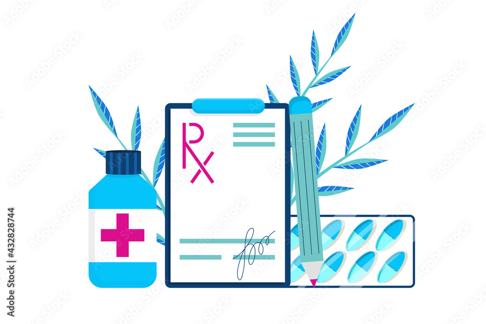 Rx form. Form for medicines with pencil and tablets on a white background. Vector illustration in flat style. Vedical page signed by doctor