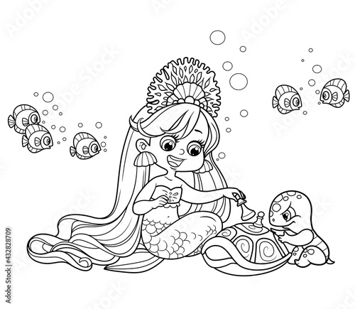 Cute little mermaid girl playing chess with a sea turtle outlined for coloring page isolated on white background