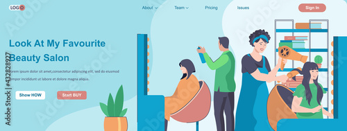 Look at my Favorite Beauty Salon web banner concept. Hairdressers stylists making haircut and hair styling to clients landing page template. Vector illustration with people characters in flat design