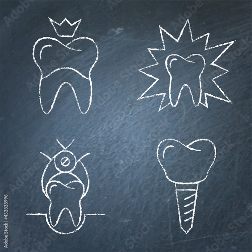 Stomatological procedures and toothache icon set on chalkboard