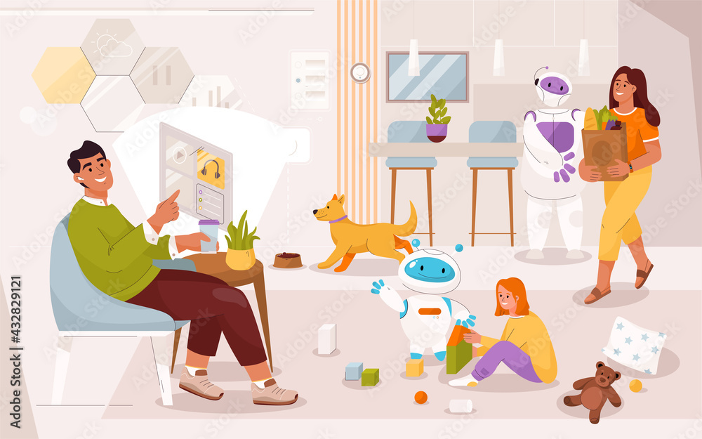 Family lives in smart home with robotic assistants
