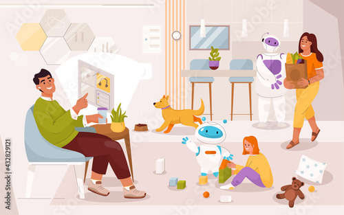 Family lives in smart home with robotic assistants