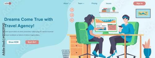 Dreams Come True With Travel Agency web banner concept. Consultant helps client choose vacation or travel around world landing page template. Vector illustration with people characters in flat design