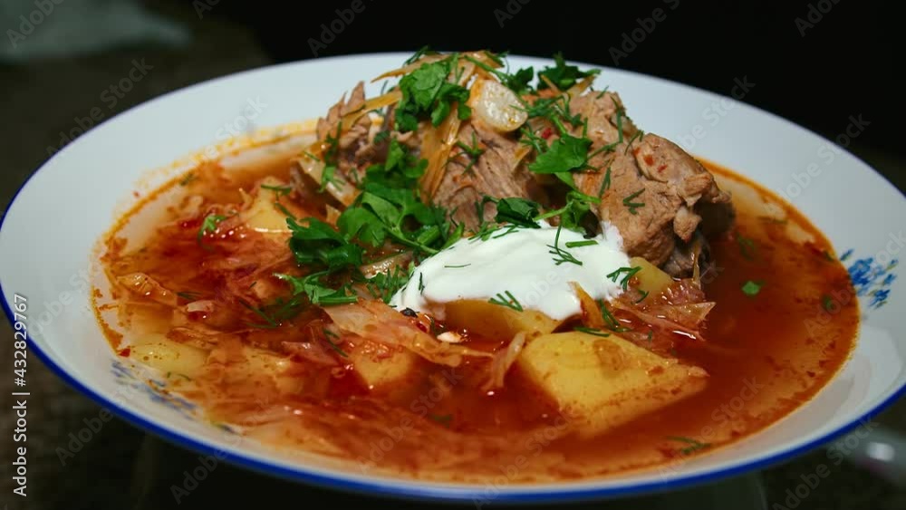 national Ukrainian dish borscht, presentation, play with light. 120 fps national Ukrainian dish borscht, presentation, play with light. 120 fps
