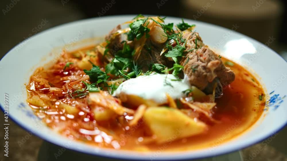 national Ukrainian dish borscht, presentation, play with light. 120 fps national Ukrainian dish borscht, presentation, play with light. 120 fps