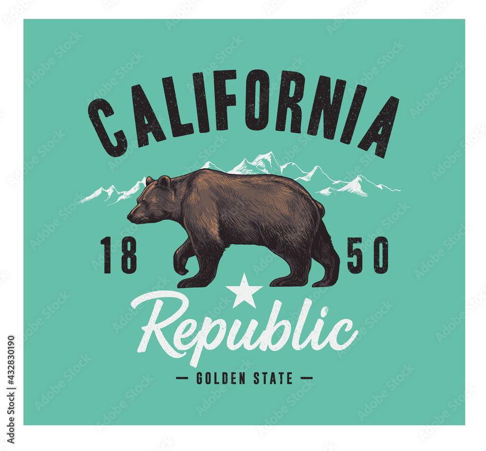 California typography with grizzly bear- vector illustration for t-shirt - obrazy, fototapety, plakaty 