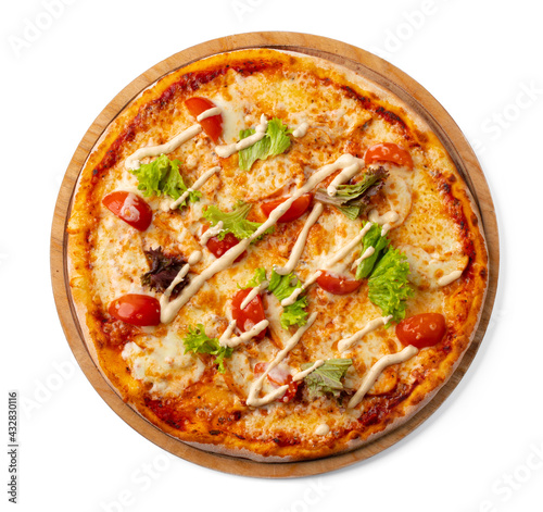 Fresh pizza on wooden board isolated on white