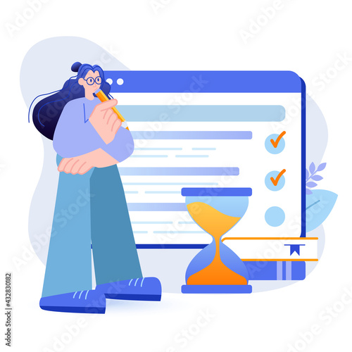 Online testing concept. Student takes exam by marking correct answers on forms scene. Online education, distance learning, refresher courses. Vector illustration with people character in flat design