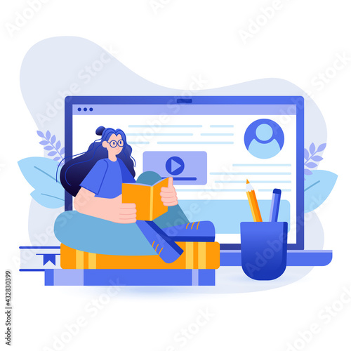 Online education concept. Woman reading book and studying on laptop scene. Student listening to lecture, distance learning, refresher courses. Vector illustration with people character in flat design