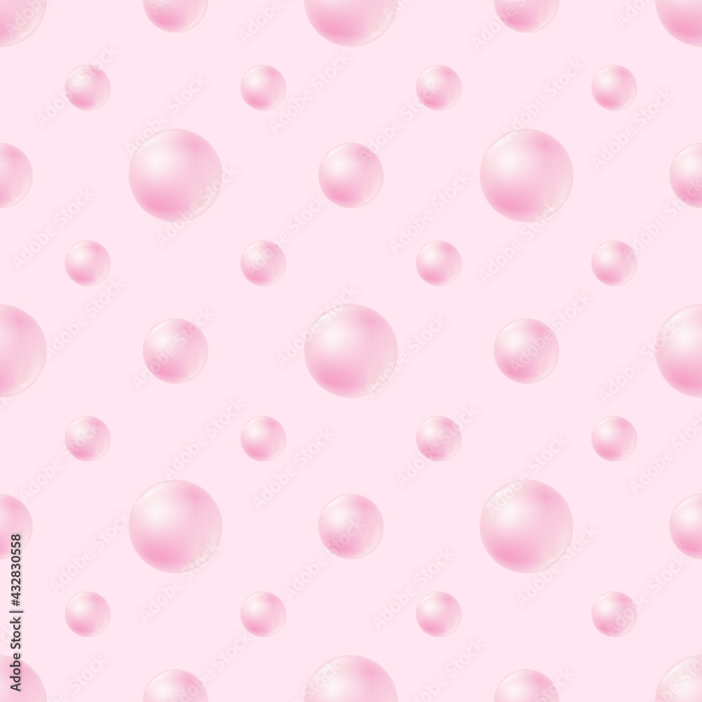 Seamless pattern with soap bubbles or pearl beads on pink background. 3D shiny vector balls. Illustration for beauty products package, fabric, gift wrapping, wallpaper print, wedding or spa design. Seamless pattern with soap bubbles or pearl beads on pink background. 3D shiny vector balls. Illustration for beauty products package, fabric, gift wrapping, wallpaper print, wedding or spa design.