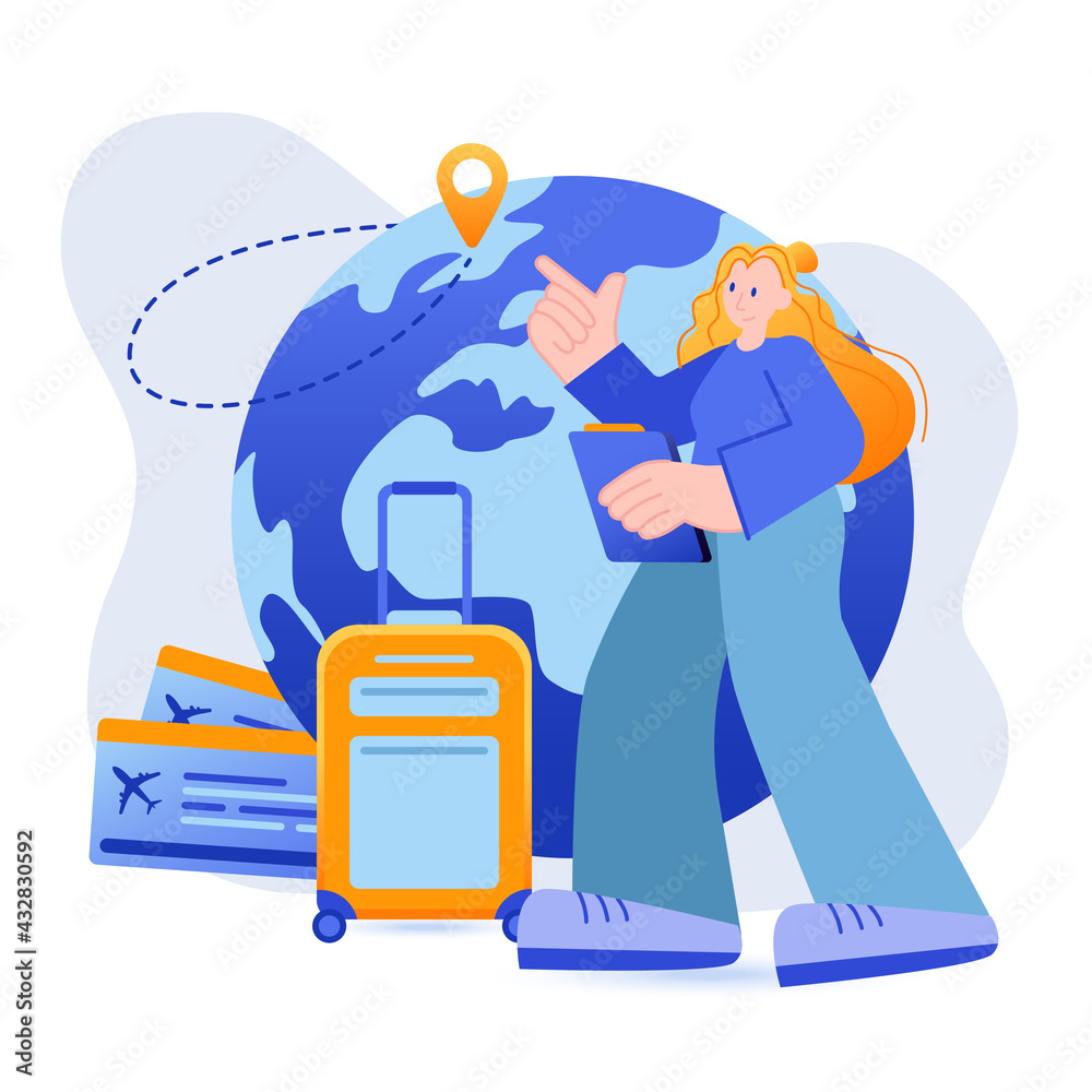 Travel agency concept. Tour operator helps choose vacation trip scene. World tourism, travel with luggage, vacation at resort, adventure. Vector illustration with people character in flat design