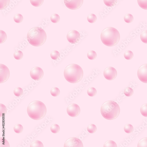 Seamless pattern with soap bubbles or pearl beads on pink background. 3D shiny vector balls. Illustration for beauty products package, fabric, gift wrapping, wallpaper print, wedding or spa design.