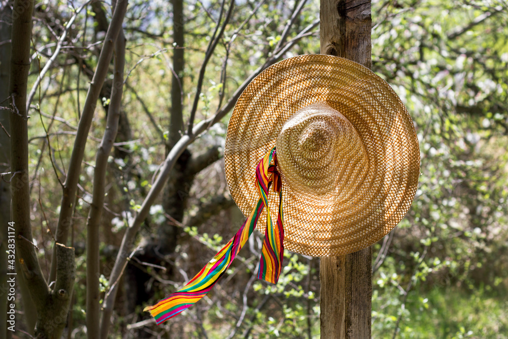 Summer straw hat hanging on wooden plank at the backyard, windy weather Summer straw hat hanging on wooden plank at the backyard, windy weather