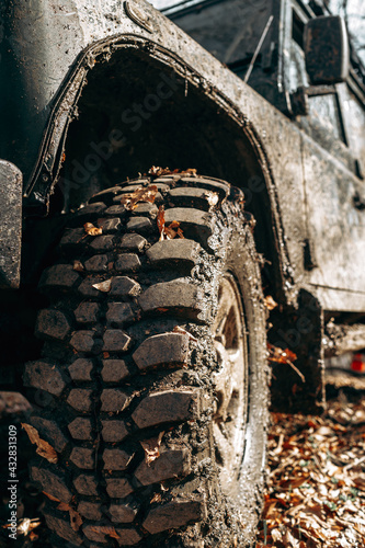 Wheel of offroad car in a muddy roadn forest photo