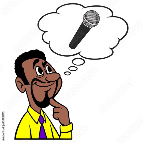 Man thinking about Singing - A cartoon illustration of a man thinking about Singing at next Karaoke party.
