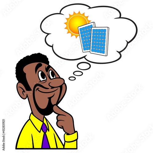 Man thinking about Solar Panels - A cartoon illustration of a man thinking about purchasing Solar Panels for his home.