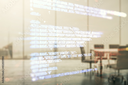Double exposure of abstract programming language interface on a modern meeting room background, research and development concept