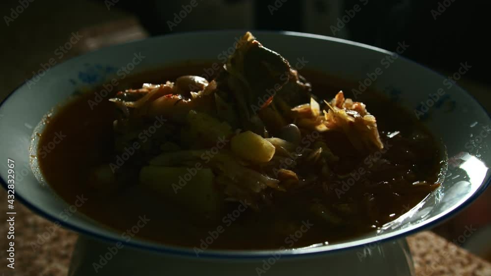 national Ukrainian dish borscht, presentation, play with light. 120 fps national Ukrainian dish borscht, presentation, play with light. 120 fps