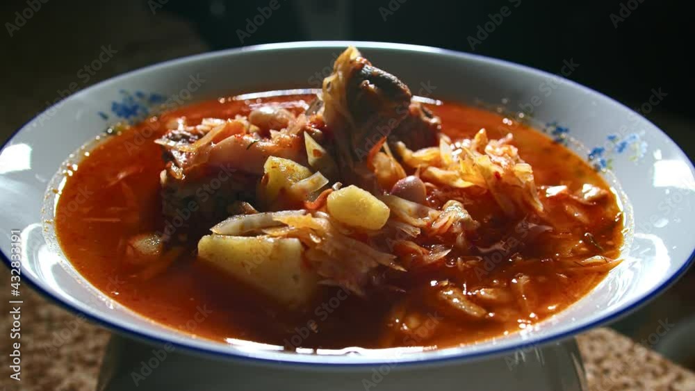 national Ukrainian dish borscht, presentation, play with light. 120 fps