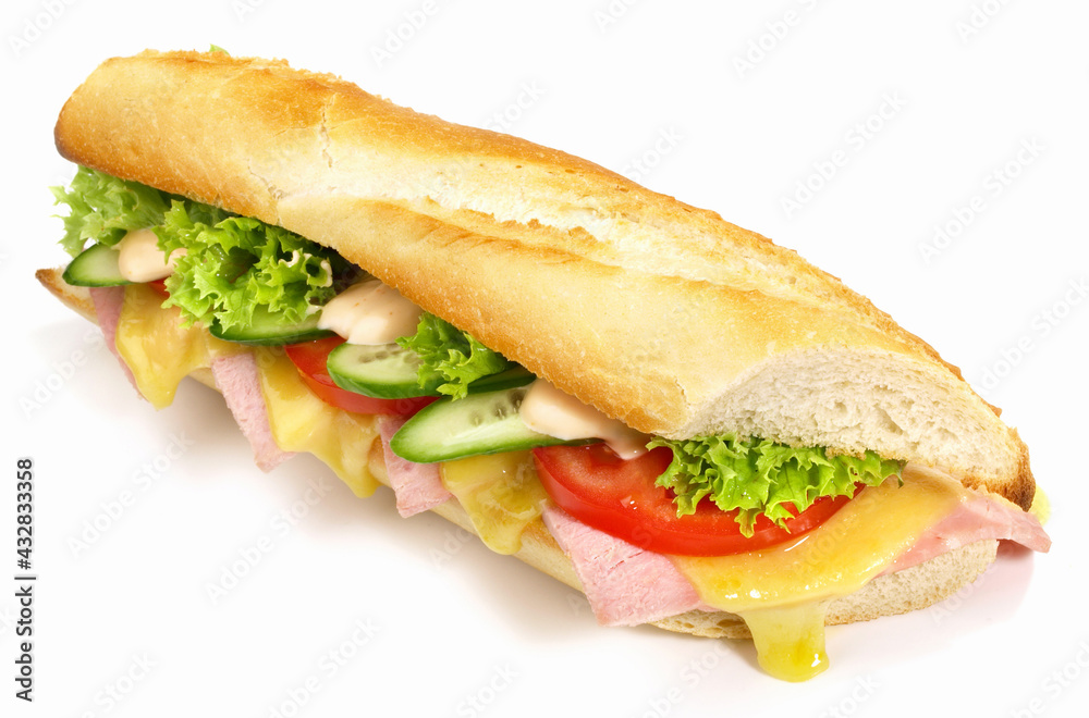 French Baguette with Ham and Cheese on white Background - Isolated French Baguette with Ham and Cheese on white Background - Isolated