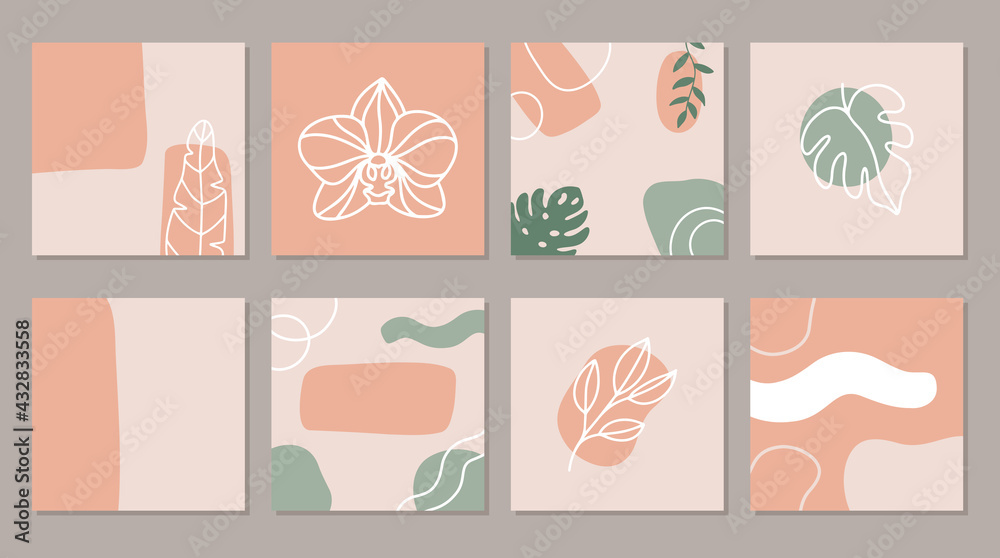 Abstract square art templates with tropical flowers. Illustration for social media posts, banner, internet ads design. Hand drawn exotic leaves and flowers.
