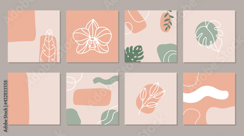 Abstract square art templates with tropical flowers. Illustration for social media posts, banner, internet ads design. Hand drawn exotic leaves and flowers.