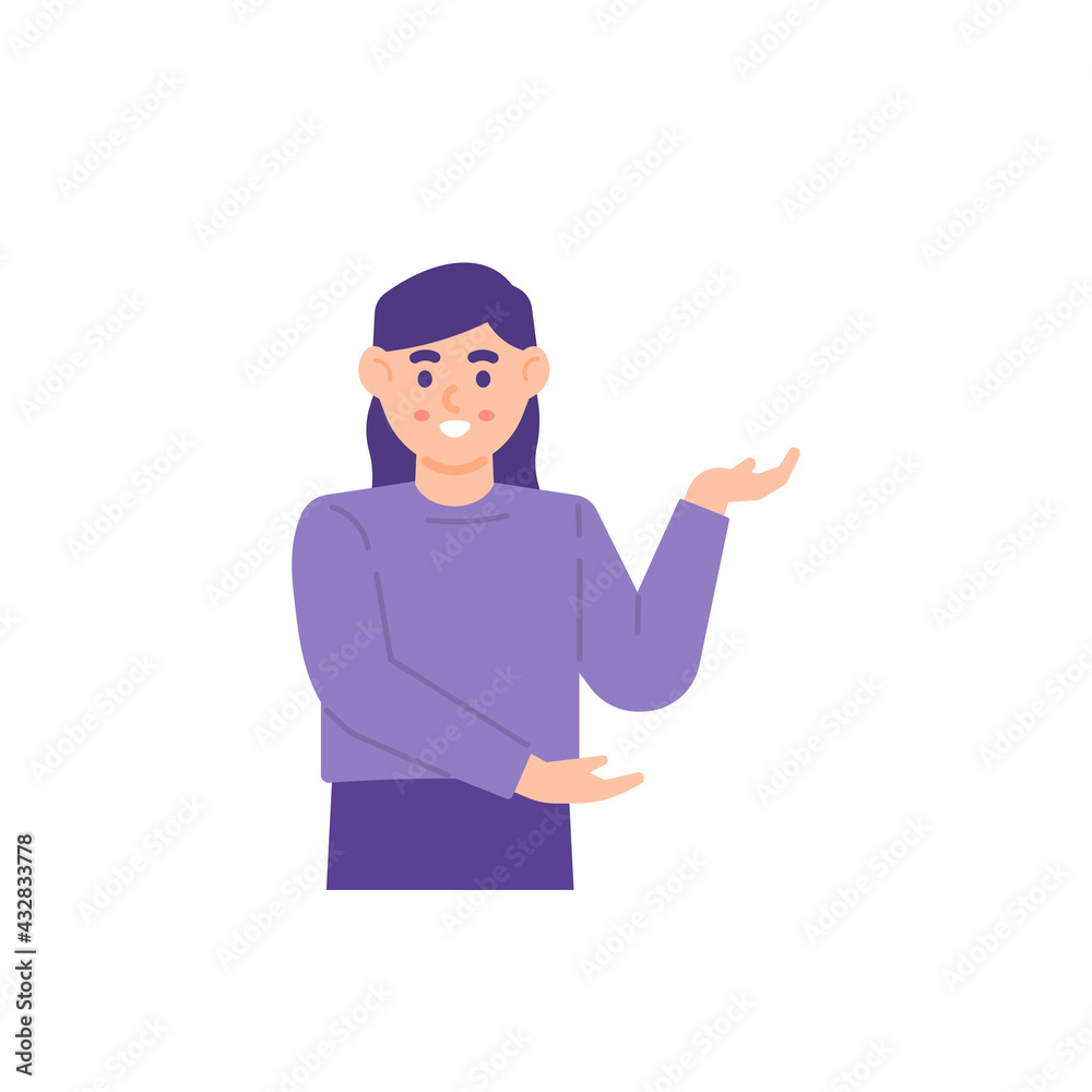 a beautiful model. facial expression, smile. a woman pose. present, want to show something. SPG or Sales Promotion Girl. flat style. design vector illustration