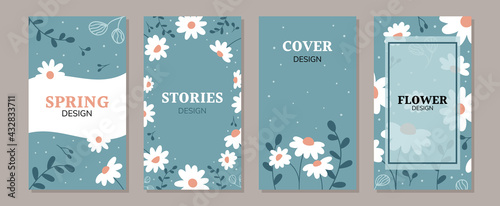 Set of doodle daisy flowers backgrounds for social media posts and stories, promotional content, banners and cover design templates. Hand drawn chamomile. Vector illustration.