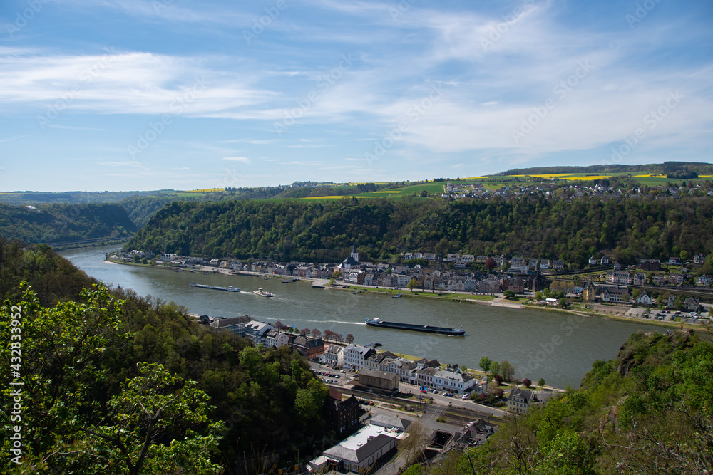 The view from above of the village of St. Goar and St. Goarhausen and the Rhine
