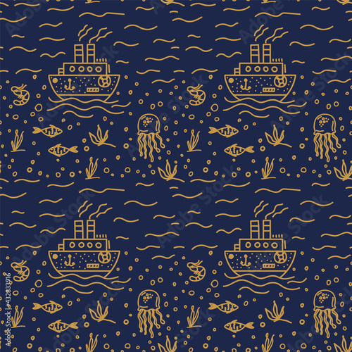 Vector background of marine life. Doodle pattern of marine, oceanic life. Underwater world for textile fish pattern. Vector illustration