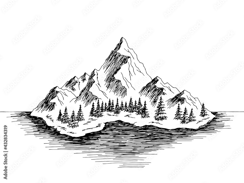 Island mountain graphic black white landscape sketch illustration vector