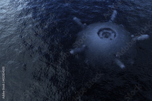 Concept of hidden threat or danger. Naval mine in the water is close to the surface, top view, 3D illustration.