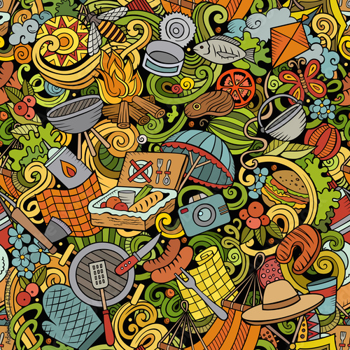 Picnic hand drawn doodles seamless pattern. BBQ background.