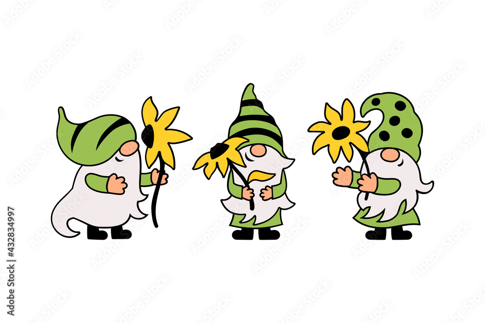 Obraz premium Three gnomes with sunflower are on white background. Vector illustration.