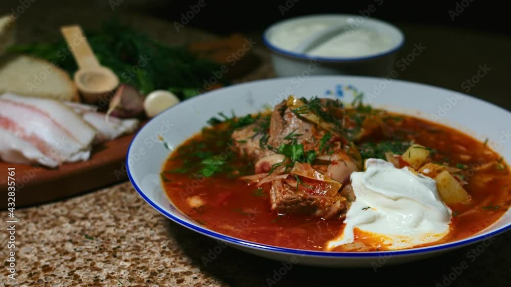 national Ukrainian dish borscht, presentation, play with light. 120 fps national Ukrainian dish borscht, presentation, play with light. 120 fps