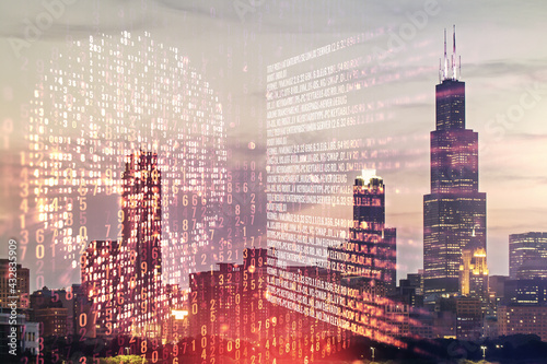 Abstract virtual code skull hologram on Chicago cityscape background, cybercrime and hacking concept Fototapeta