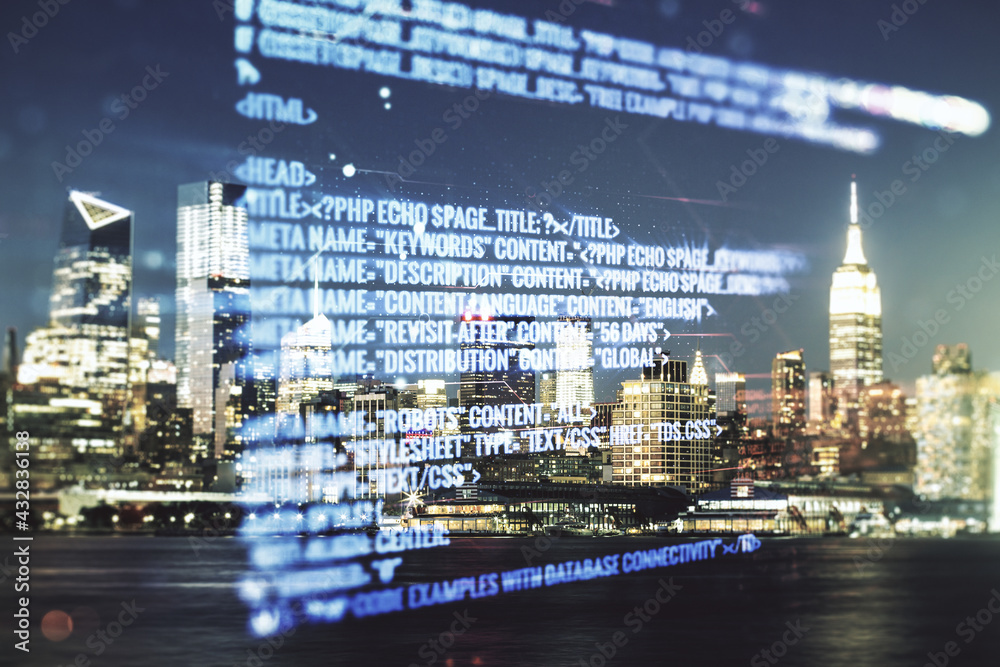 Abstract virtual coding concept on New York city skyline background. Multiexposure Abstract virtual coding concept on New York city skyline background. Multiexposure