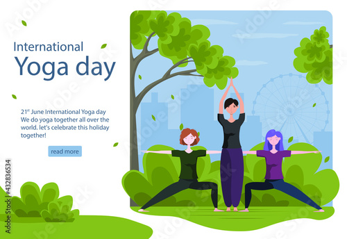 21 june international yoga day, young women doing yoga asana outdoor. Open air yoga practic. Flat cartoon style concept banner, poster or landing page, web page design for website