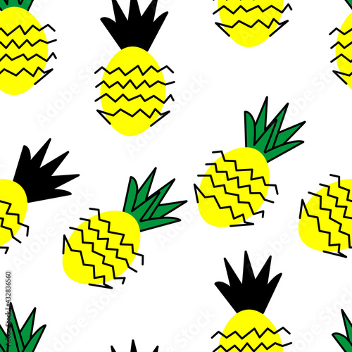Pineapple seamless pattern in a cartoon style with a clipping mask. Isolated stock vector illustration. Bright yellow, black and green pineapples on a white background.