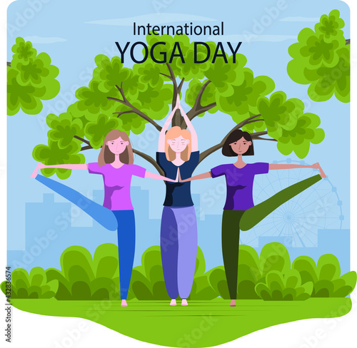 21 june international yoga day, young women doing yoga asana outdoor. Flat cartoon style