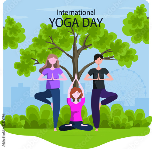21 june international yoga day, young women doing yoga asana outdoor. Flat cartoon style multi cultural character