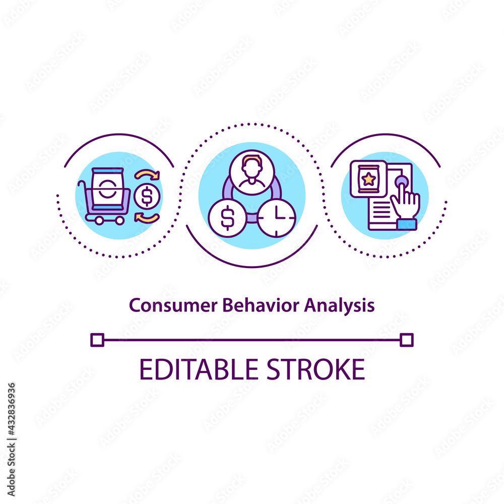 Consumer behavior analysis concept icon. Choosing best marketing strategy to sell products. Business idea thin line illustration. Vector isolated outline RGB color drawing. Editable stroke