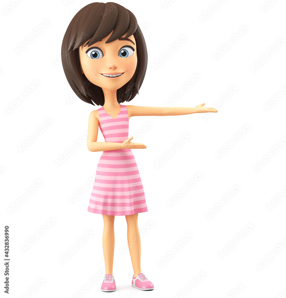 3d render illustration. Cheerful cartoon character girl in a pink dress points to an empty hand on a white background. 3d render illustration. Cheerful cartoon character girl in a pink dress points to an empty hand on a white background.